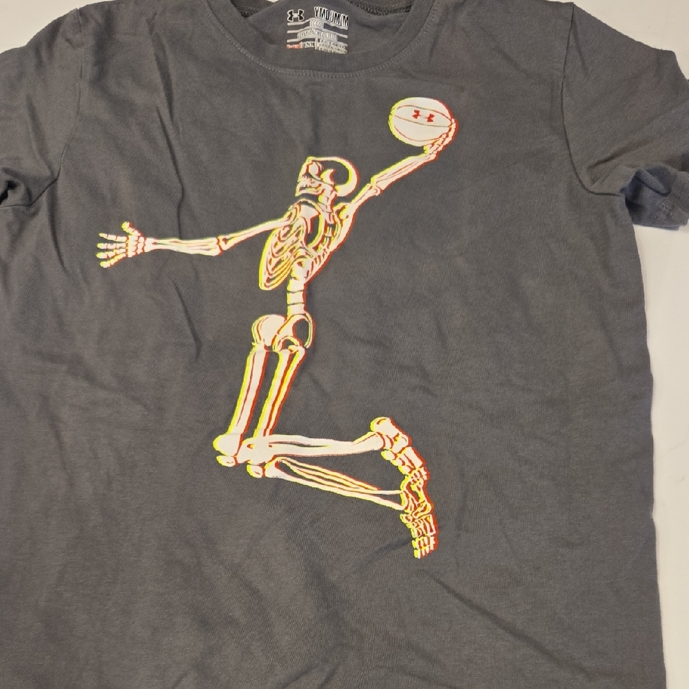 Under Armour Gray Kids Tee with Neon Skeleton Design